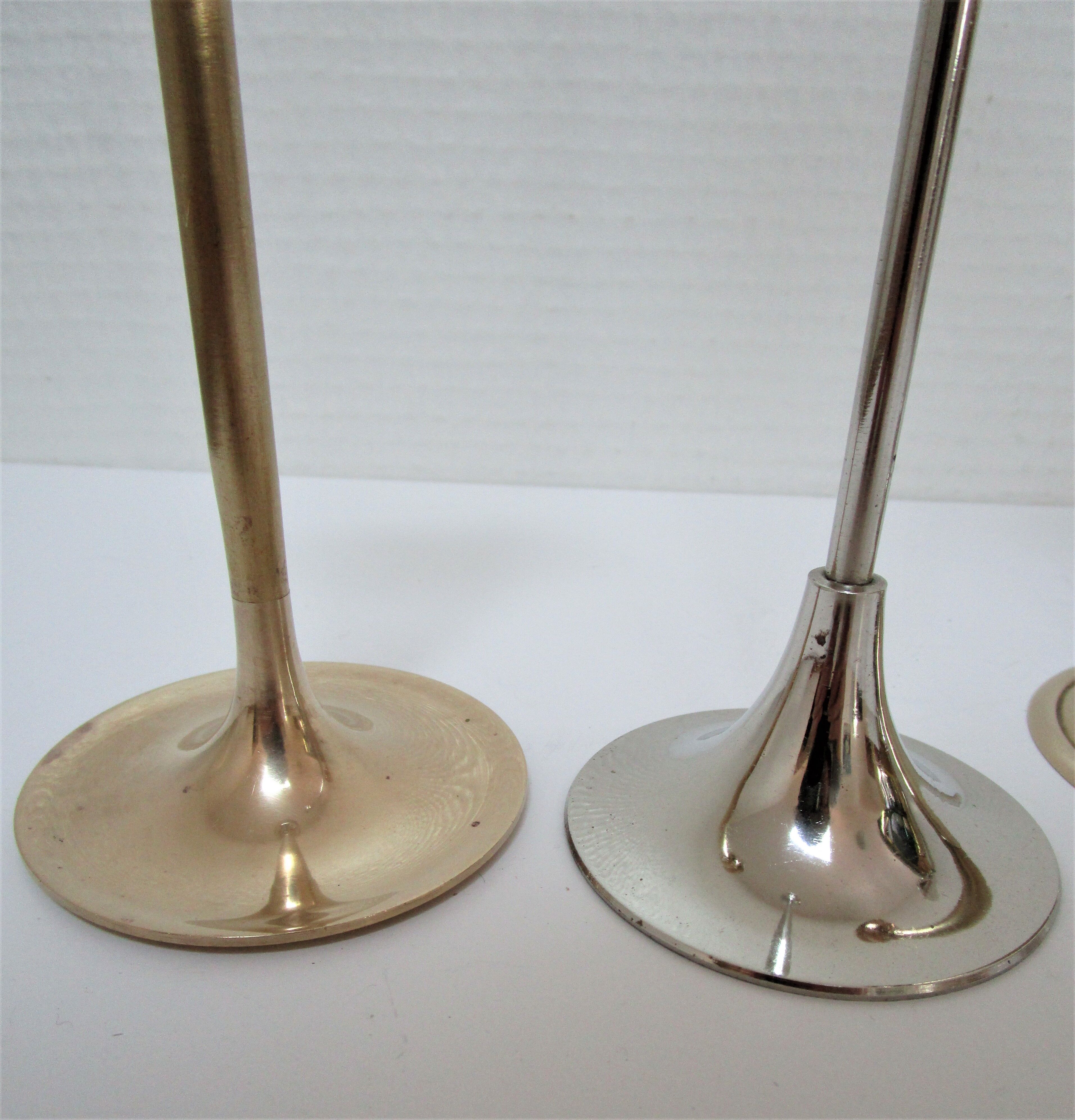 Five gold brass candlesticks and chrome brass vintage scandinavian design