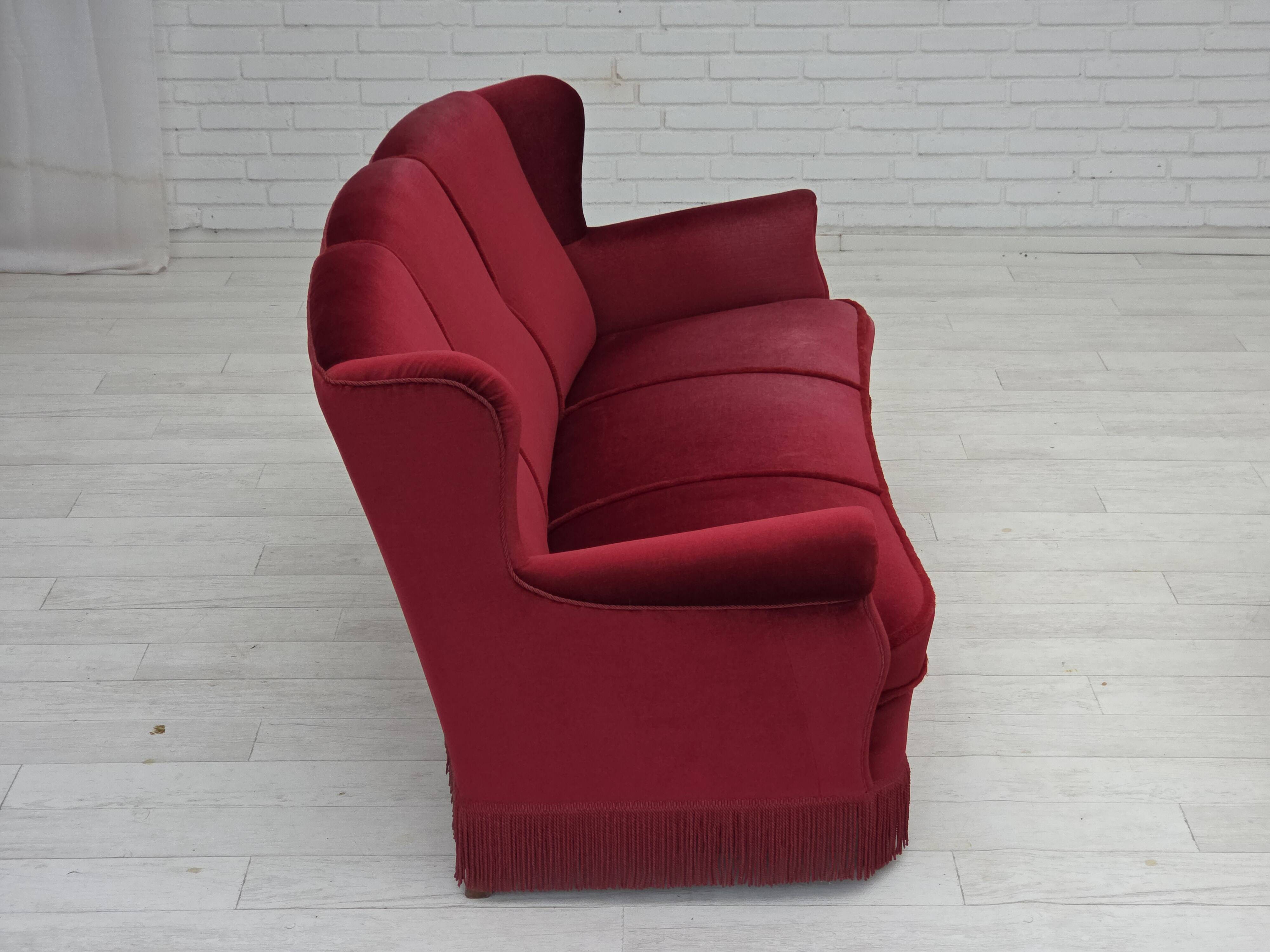 1960s, Danish 3-seater curved sofa, red furniture velour