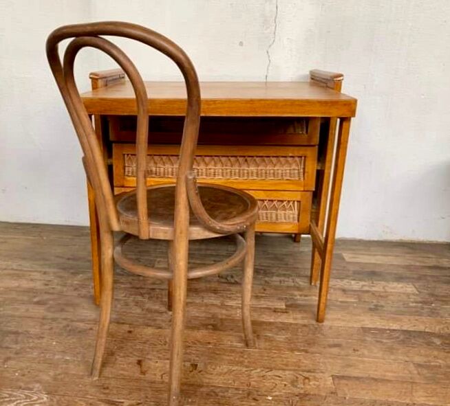 Modernist vintage chest of drawers in light chene has 3 drawers rattan top changing table
