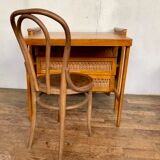 Modernist vintage chest of drawers in light chene has 3 drawers rattan top changing table