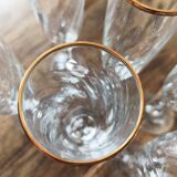 Set of 6 vintage champagne flutes with scrolled drinking rim and gold trim