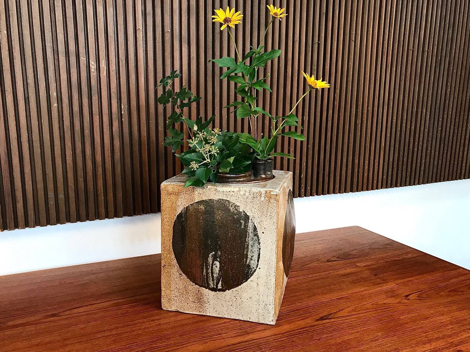 Brutalist ceramic art cube vase by Annette Merkenthaler, Germany 1960s