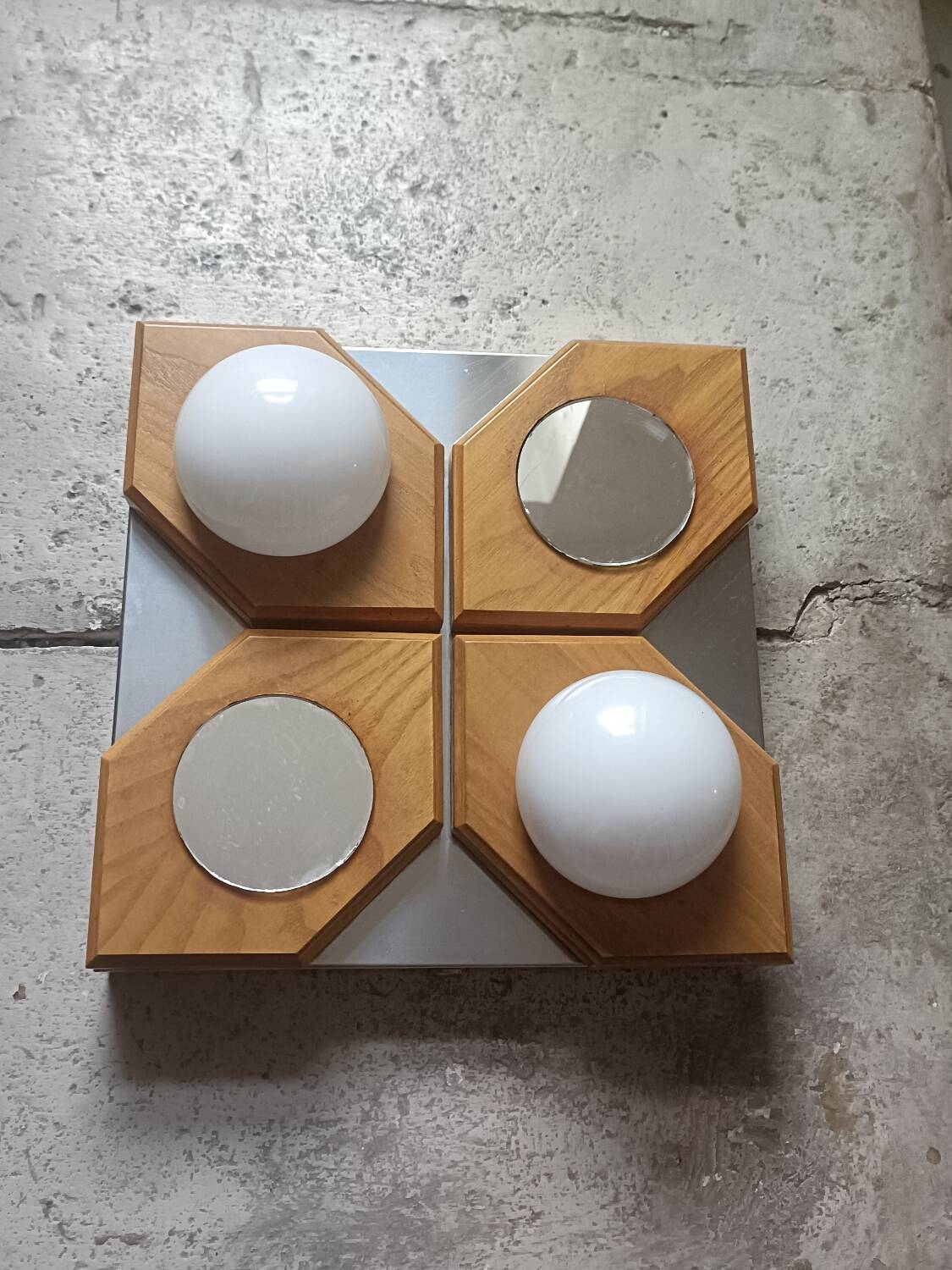 Geometric chrome and wood wall light