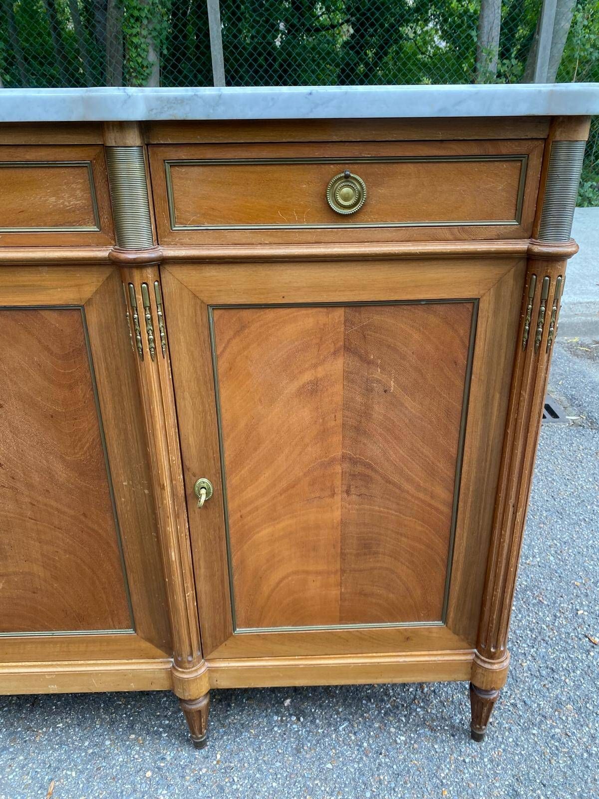 Louis XVI sideboard in solid mahogany with a white marble top, 222cm, 1950.