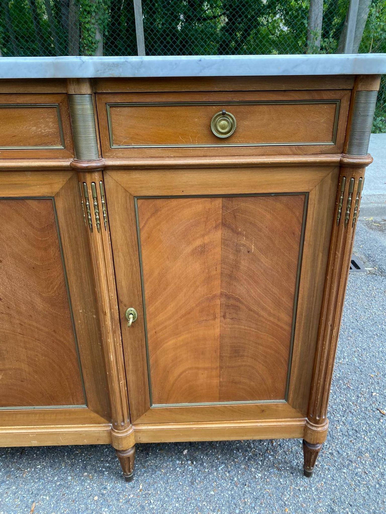 Louis XVI sideboard in solid mahogany with a white marble top, 222cm, 1950.