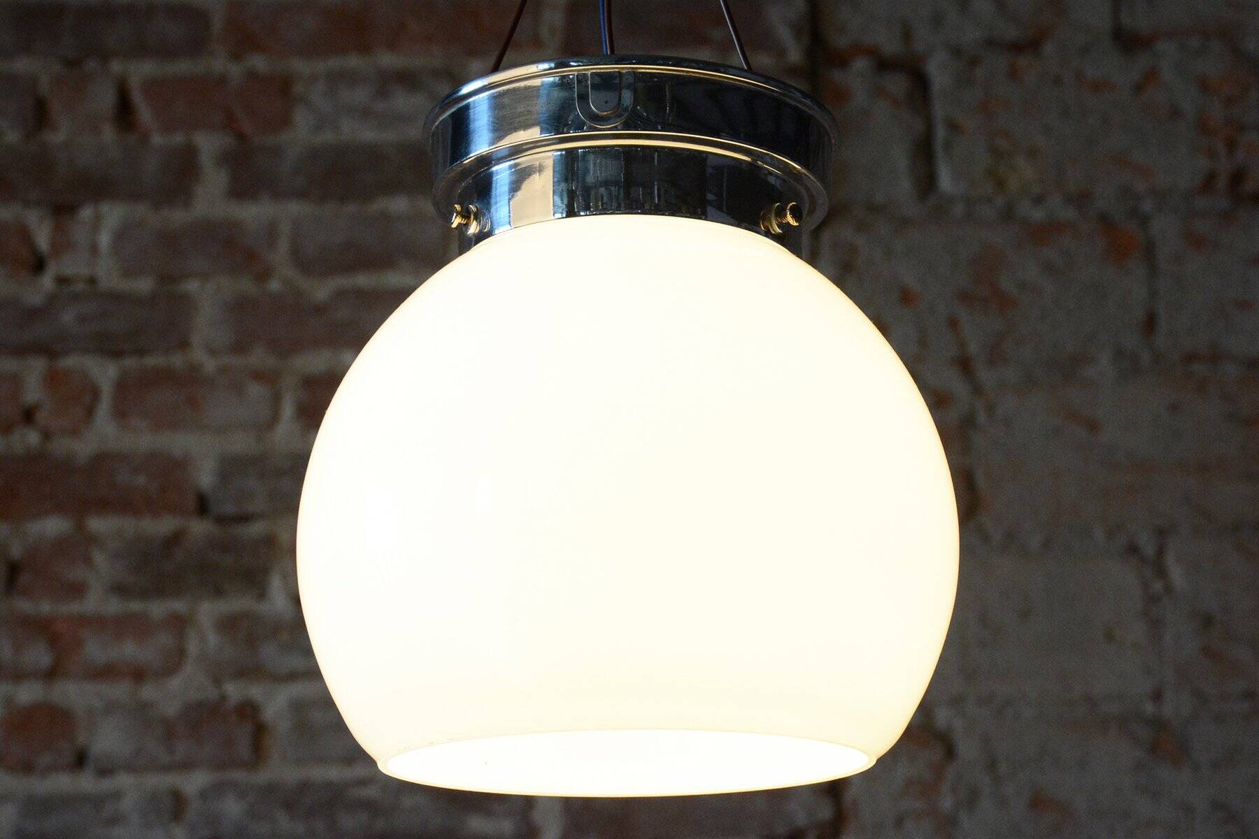 Bauhaus Ceiling Lamp in Chrome-Plated Steel and Opal Glass, Czech, 1930s