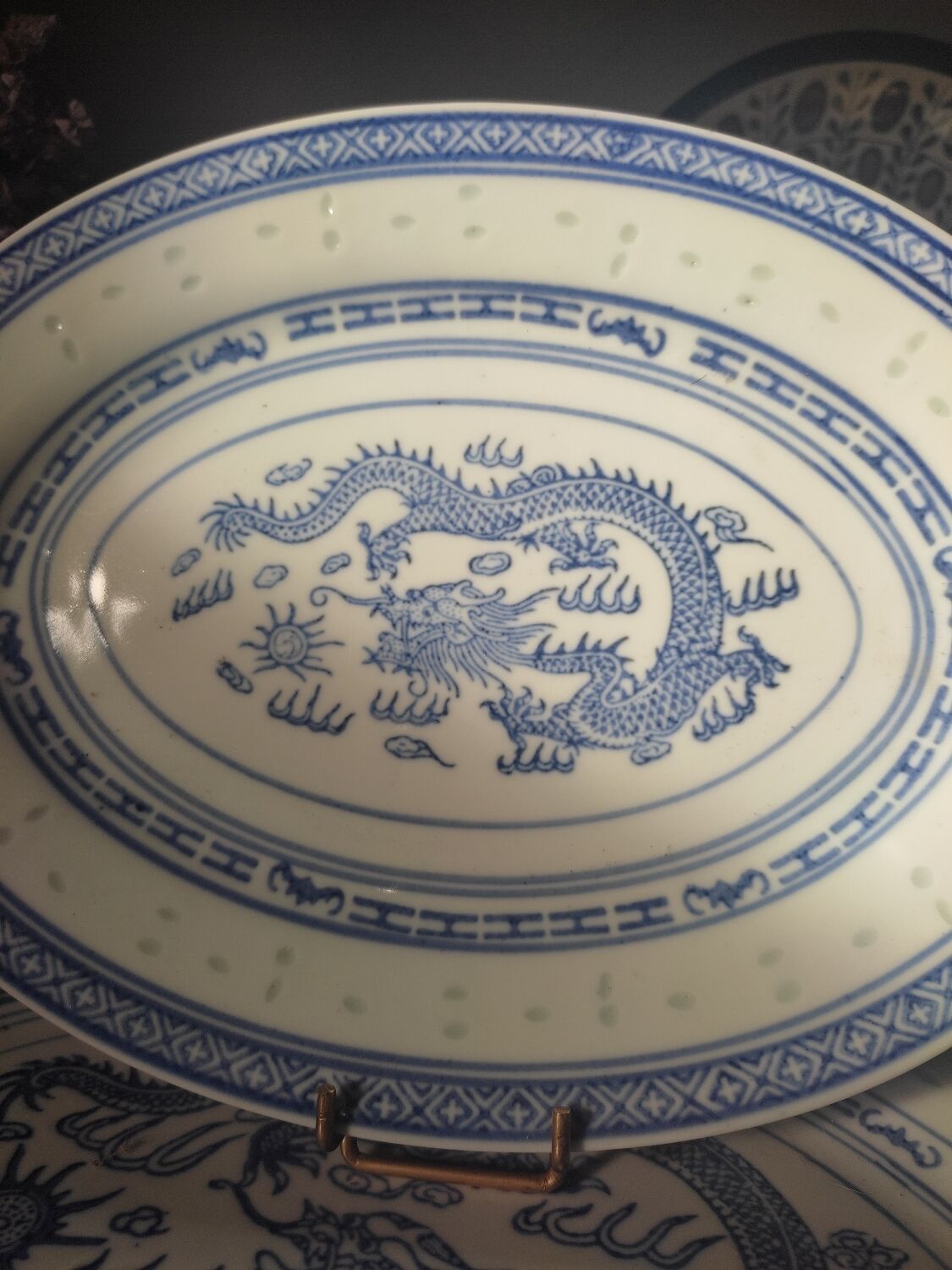 Vintage Chinese oval dishes, dragon pattern