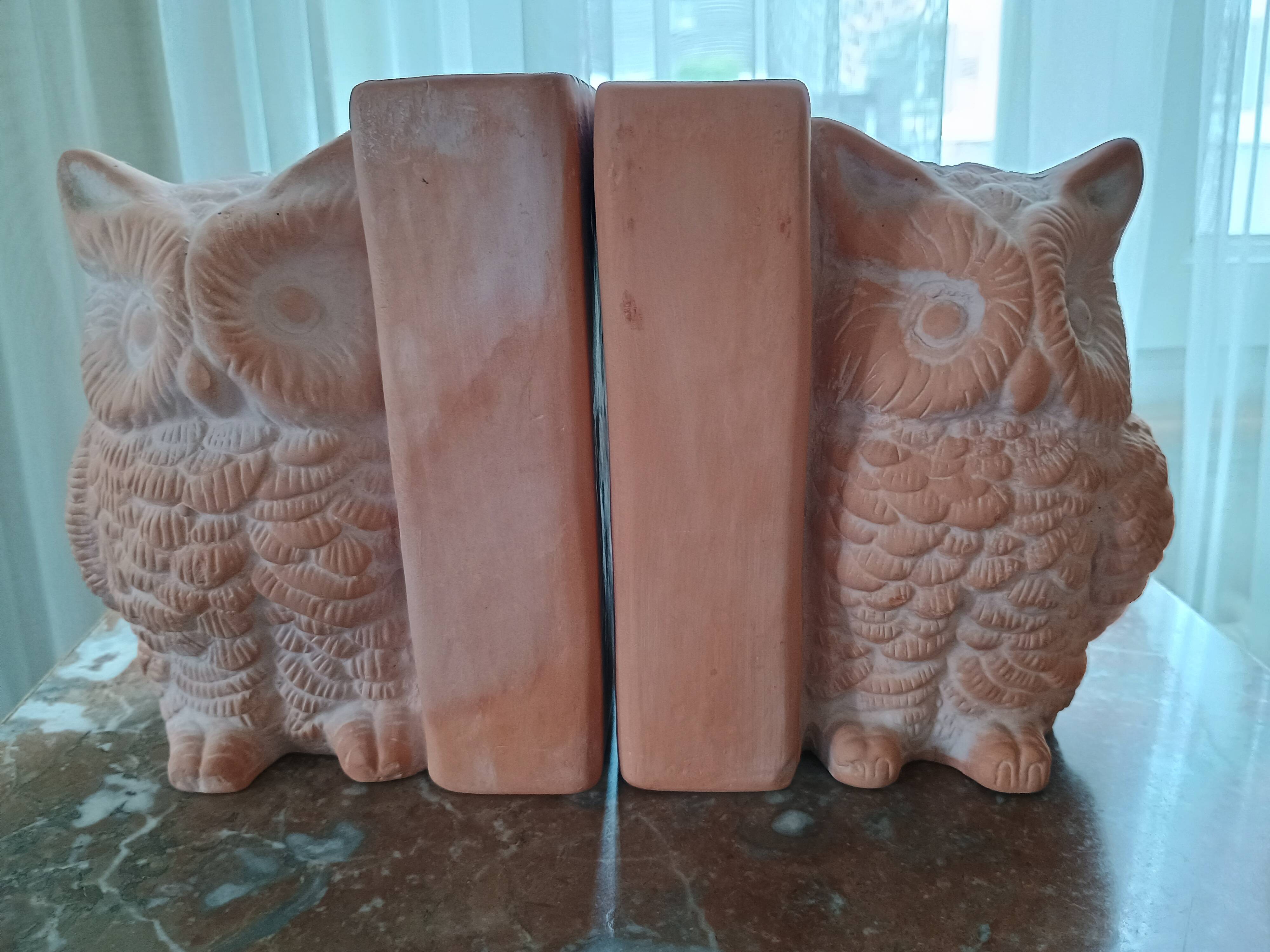 Serre livres paire - Hibou Chouette et livre - terre cuite brute - moderne