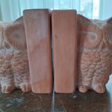 Pair of bookends - Owl and book - raw terracotta - modern