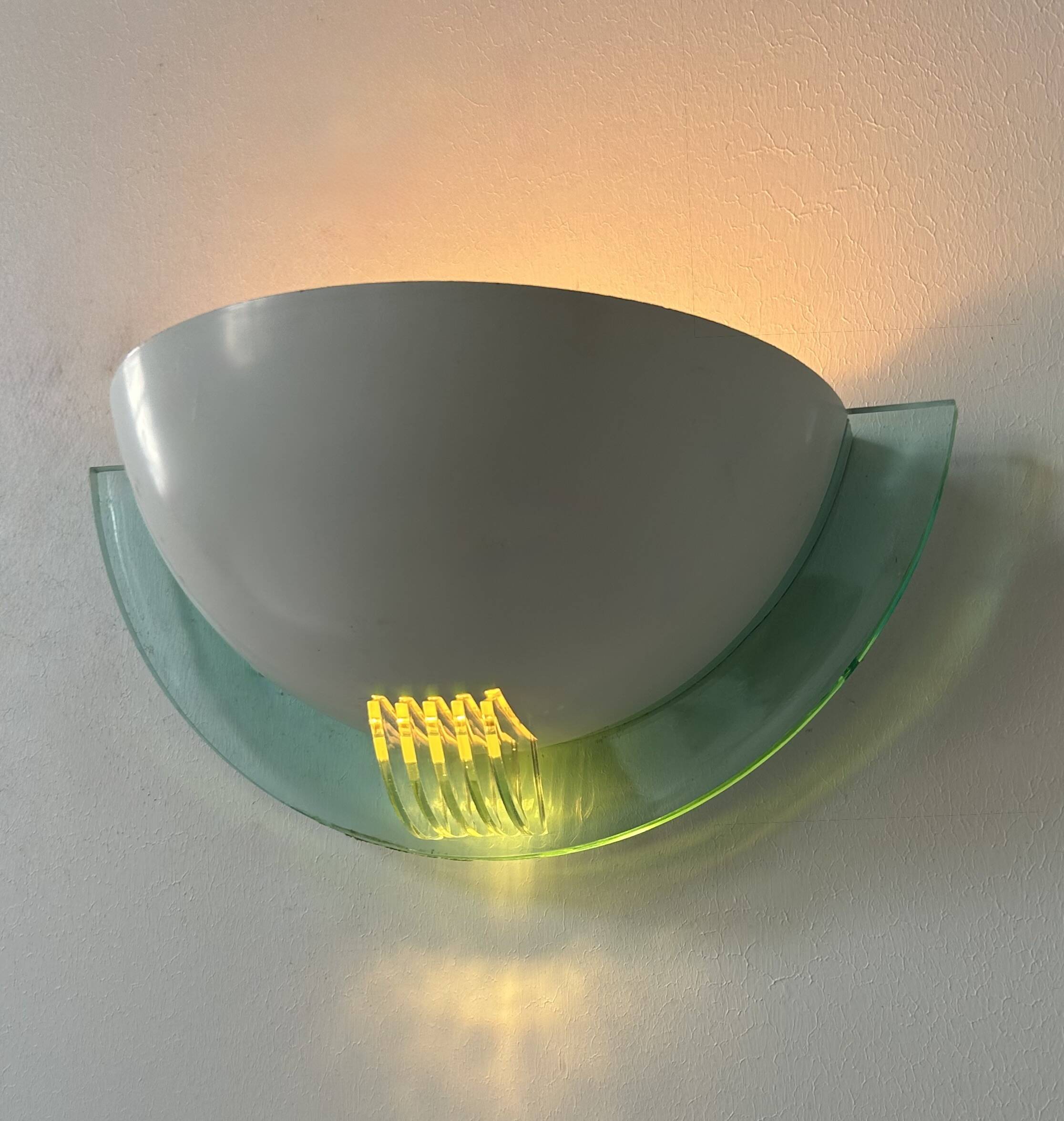 Pair of vintage post-modernist wall lights, white metal, perspex, France 1980