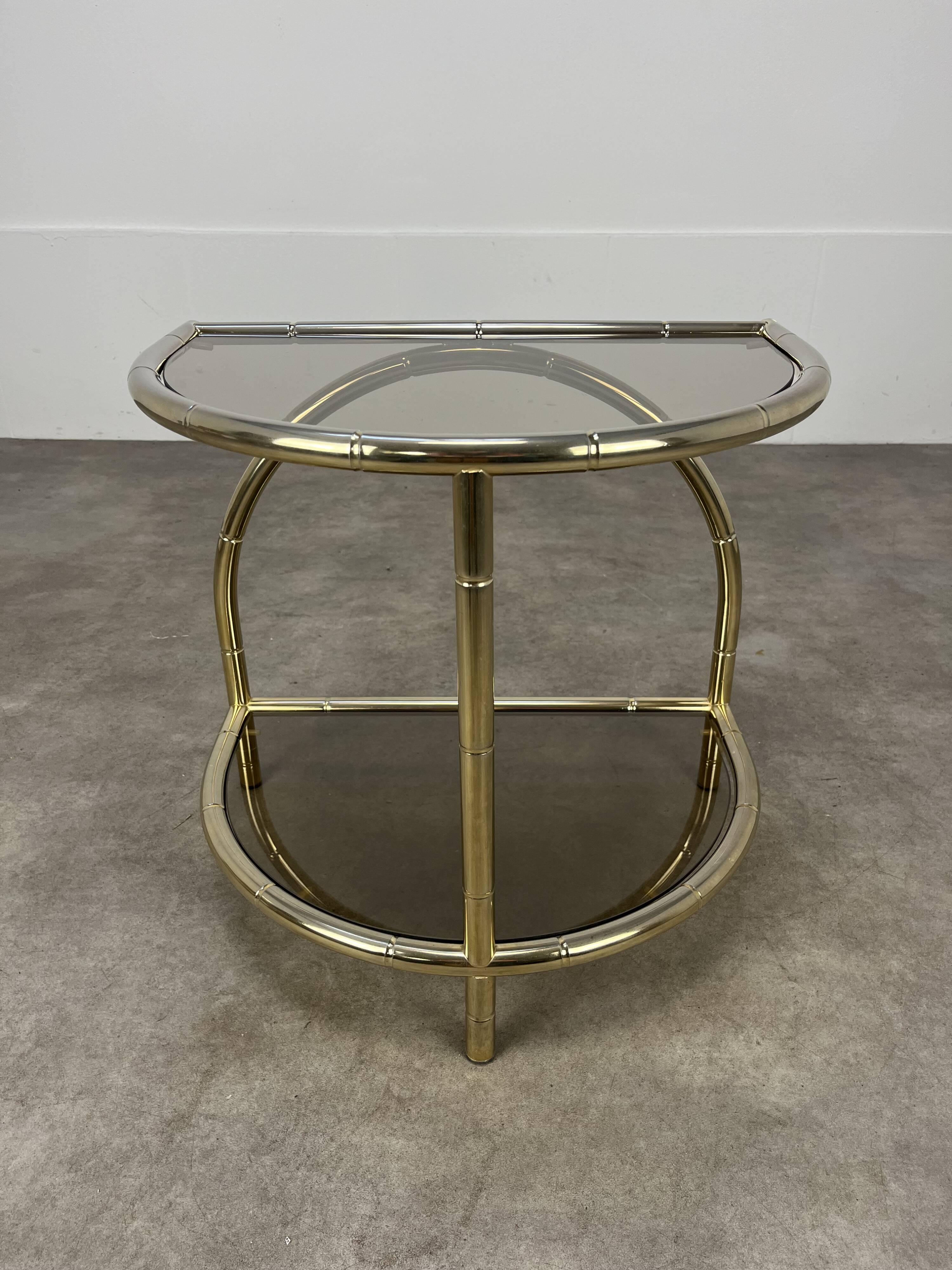 Hollywood Regency bamboo side table, gold and smoked glass, 70s