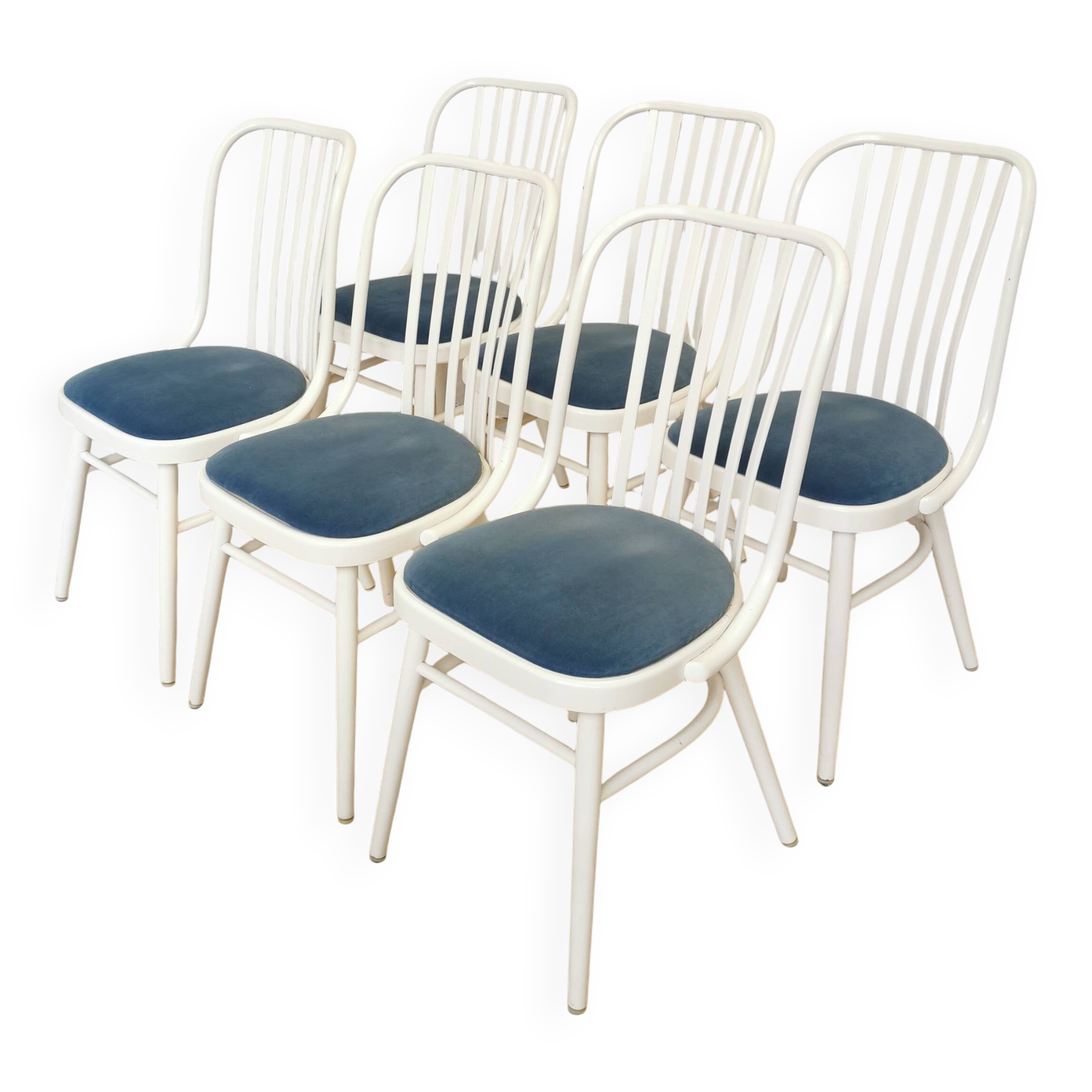 Set of 6 Vintage Bentwood Dining Chairs: White Ligna Style, Blue Fabric