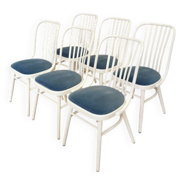 Set of 6 Vintage Bentwood Dining Chairs: White Ligna Style, Blue Fabric