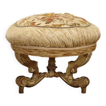 Antique carved and gilded wooden stool, upholstered, Italy, 19th century.