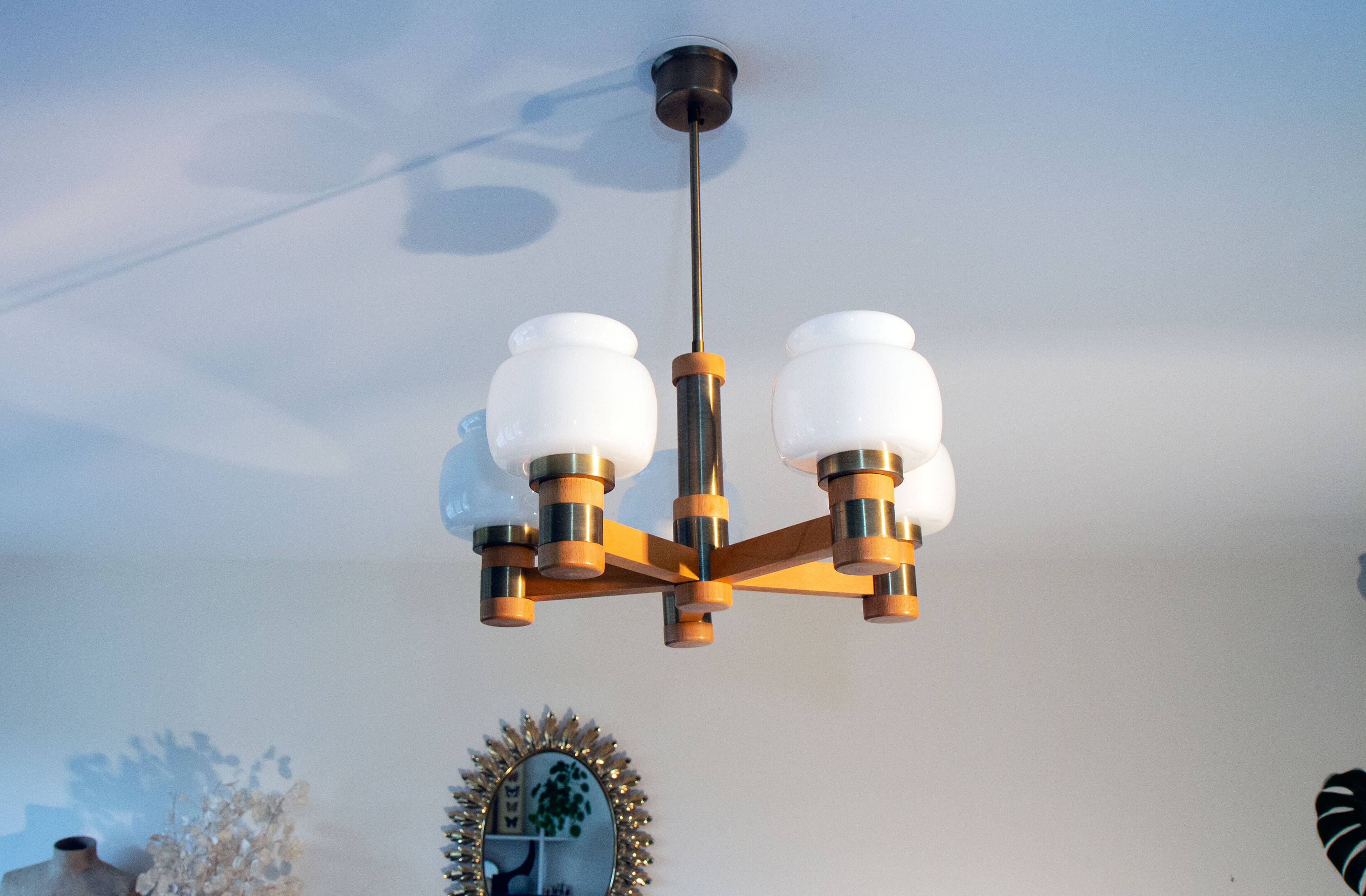 Scandinavian 5-branch chandelier, opaline, wood and brass, 1960