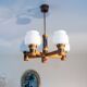 Scandinavian 5-branch chandelier, opaline, wood and brass, 1960