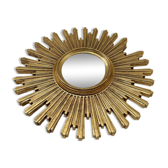 Antique golden sun mirror with domed witch's eye in resin, 1970s