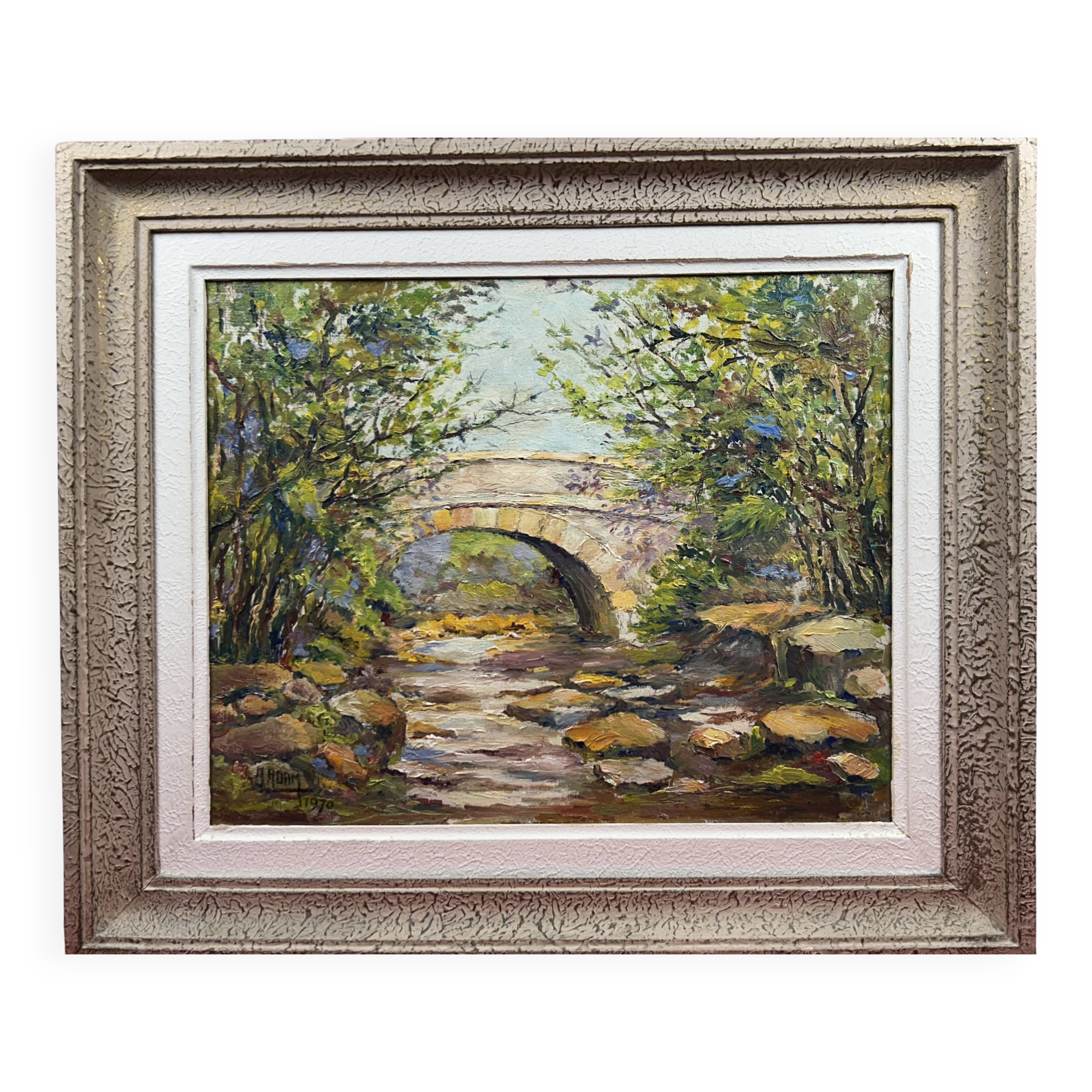 Oil on panel stone bridge river ST Tropez, st Maxime? signed A. Ada