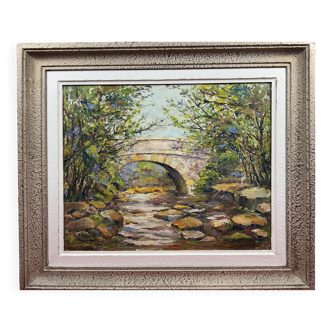 Oil on panel stone bridge river ST Tropez, st Maxime? signed A. Ada