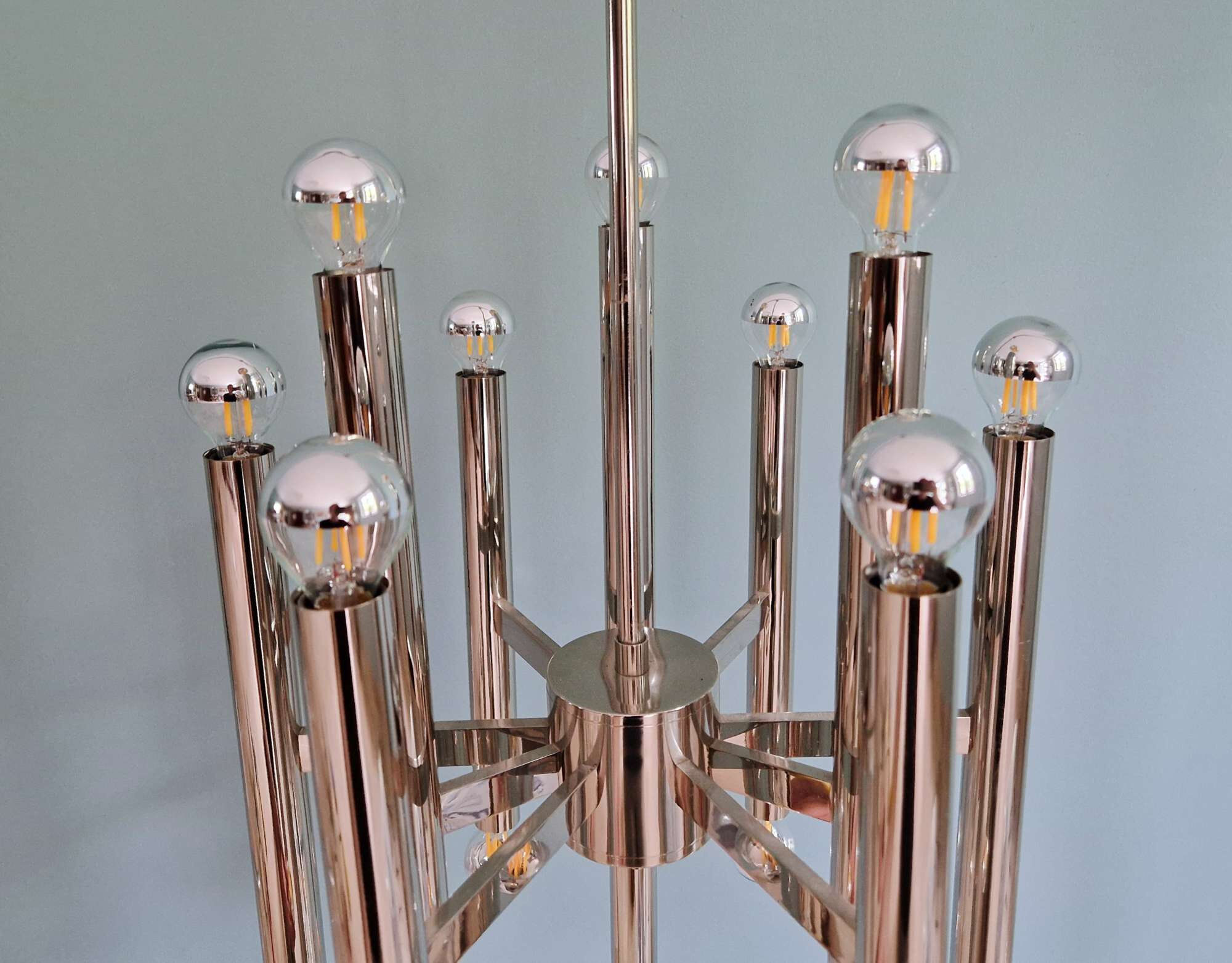 Large Space Age chandelier in chromed metal, design G. Sciolari, Boulanger, 1970