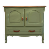 Buffet ancien rénové vert sauge - plateau en chêne