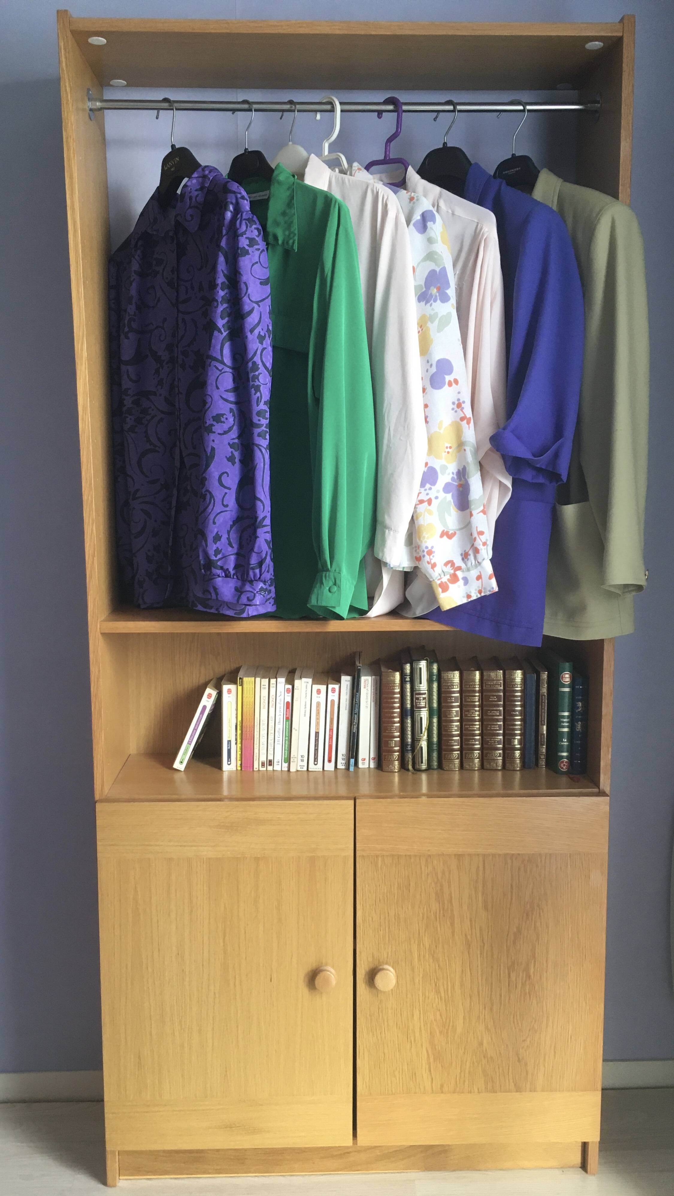 Dressing vintage Scandinavian style in light wood with wardrobe and cupboard.