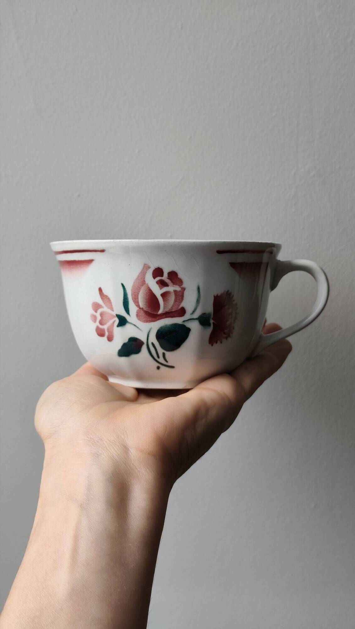 Trio of large antique chocolate cups (Fénal Badonviller – “Red Rose” decoration)