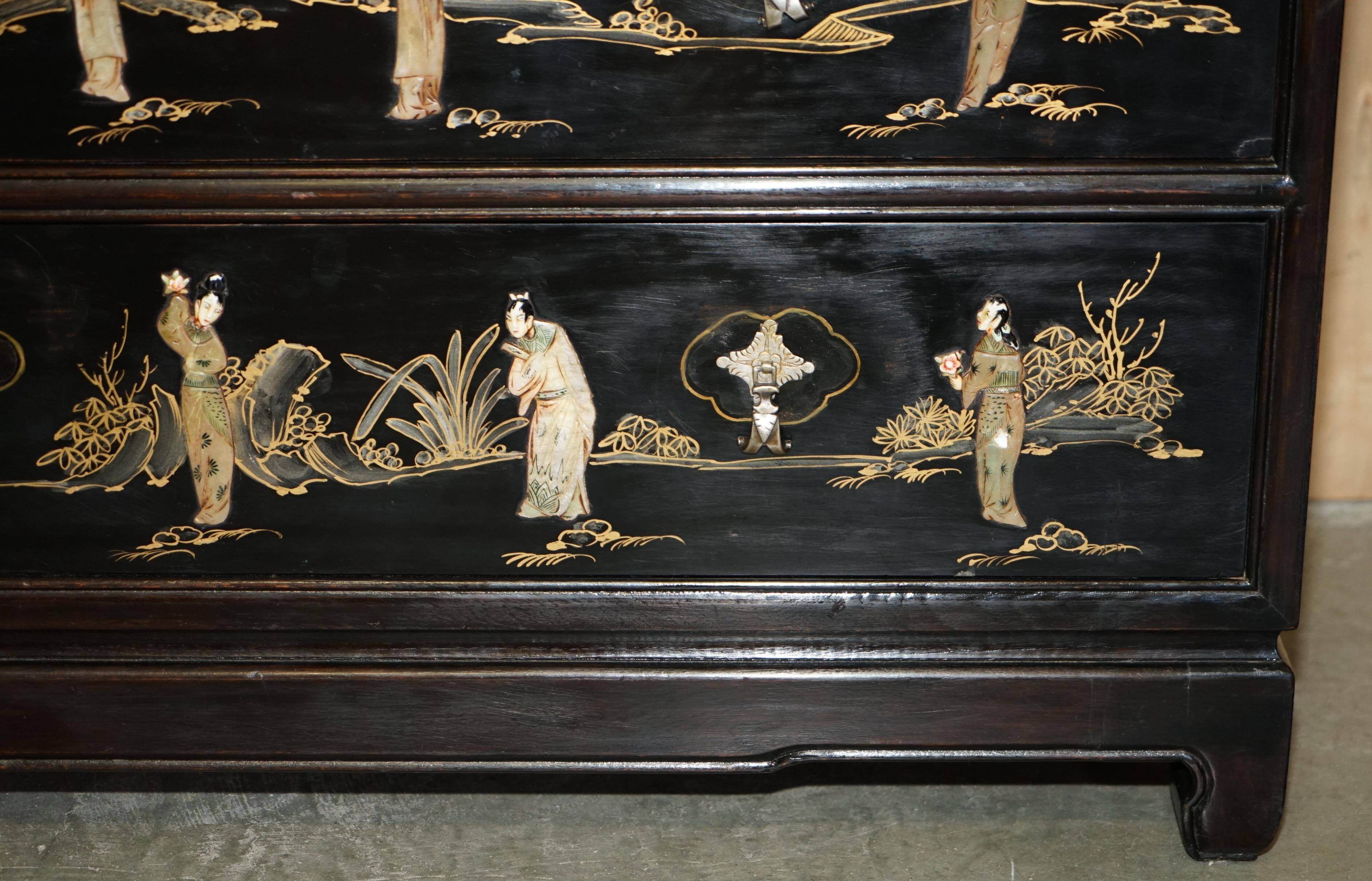 Antique Chinese commode carved in steatite with a marble top.