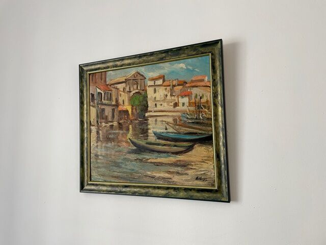 Painting signed Filhos oil on panel 1950 "Martigues"