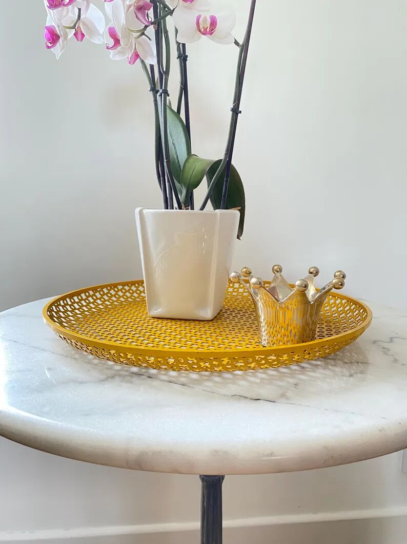 Mathieu Matégot round perforated metal tray, yellow, France 1950s