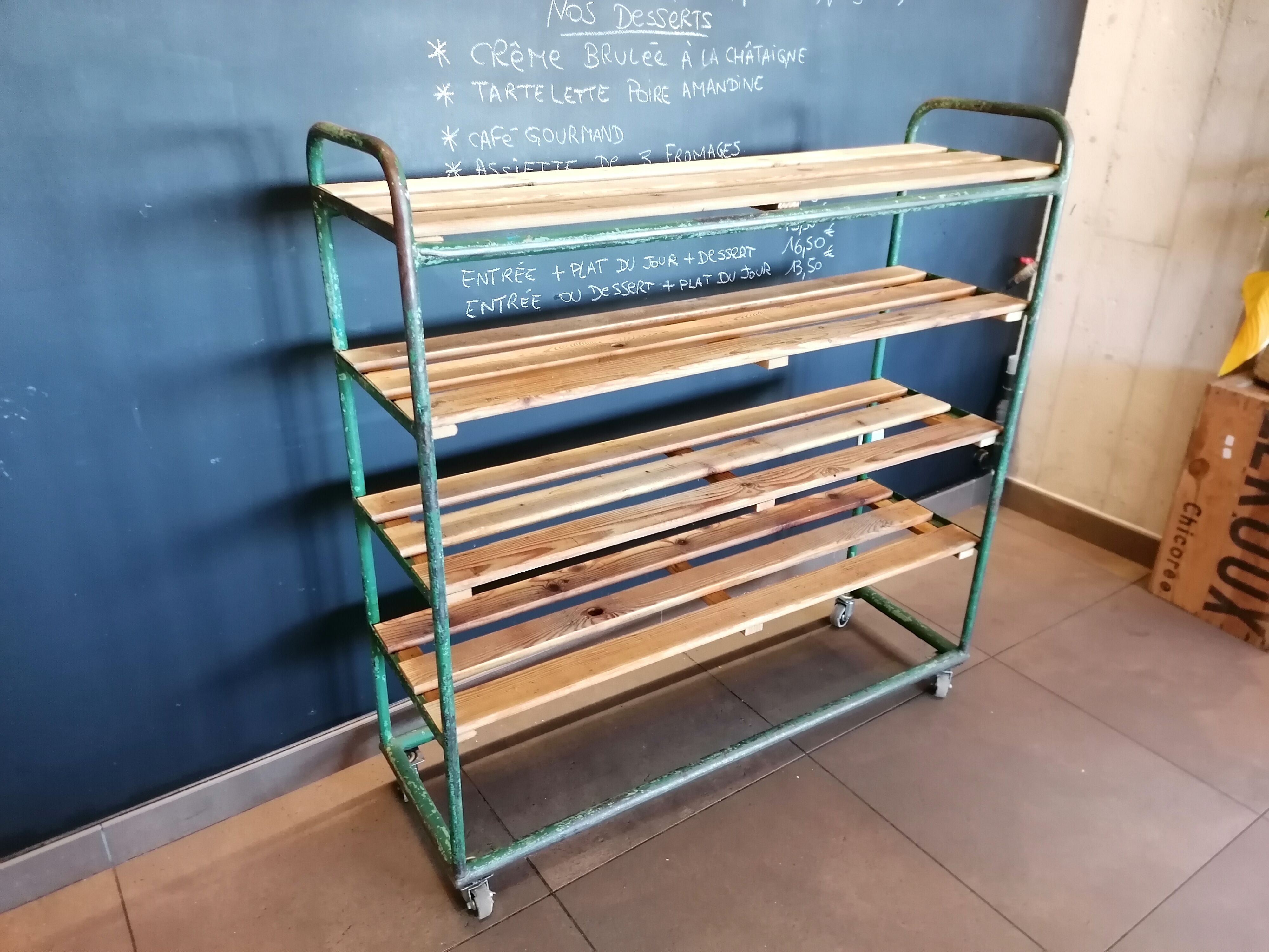Steel and wooden shelf on wheels