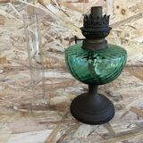 Old kerosene lamp, brass pedestal & green glass body + vintage glass tube