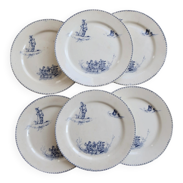 6 antique flat plates Creil and Montereau Téniers service