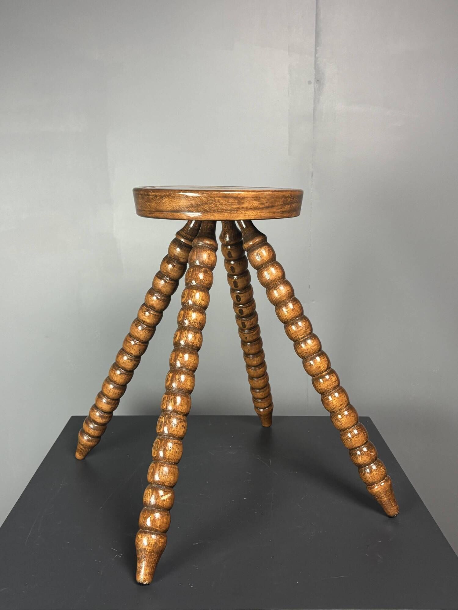 Midcentury bobbin wood turned farm house stool, France ca 1960s