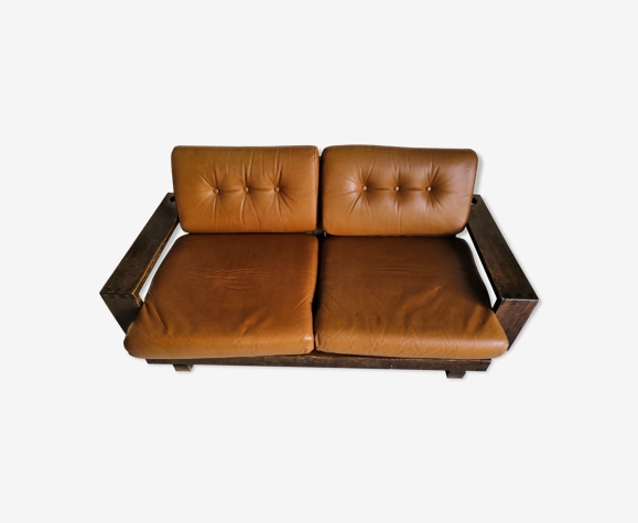 Canapé brutaliste vintage cuir camel 2/3 places