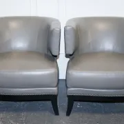 Fauteuils à Dossier Rond en Cuir Gris avec Clous de Coach House, Set de 2