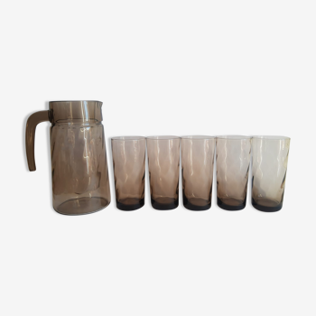 Carafe et 5 verres à eau fumés torsadés années 70 vintage