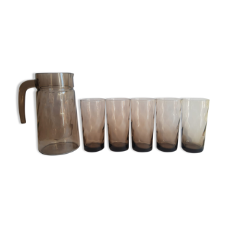 Carafe and 5 glasses of smoked water twisted 70s vintage