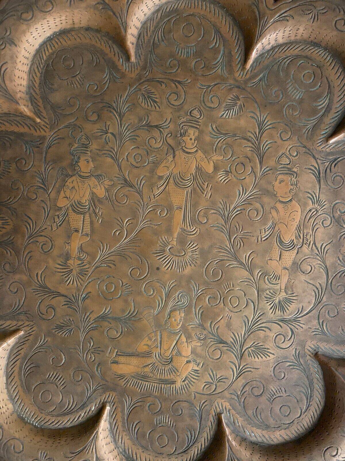 Oriental tea tray in copper or brass richly decorated 20th century