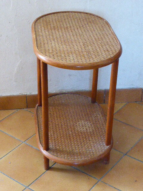 Side table, serving, pedestal, double tray, wood and vintage caning