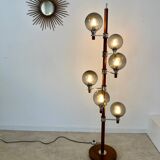 Old Scandinavian design wooden floor lamp from the 60s with 6 vintage lights