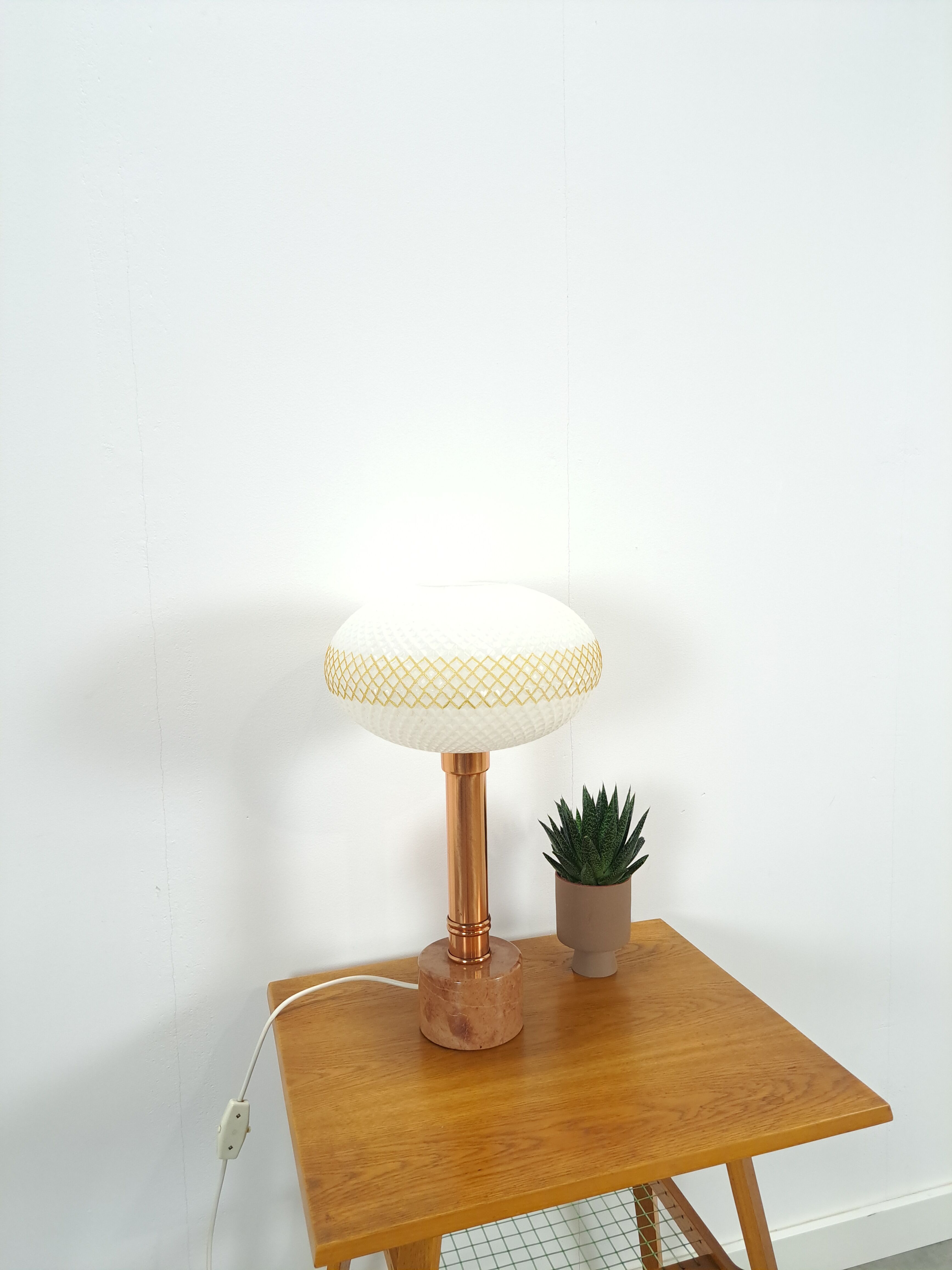 Vintage table lamp marble base with copper and milk glass shade