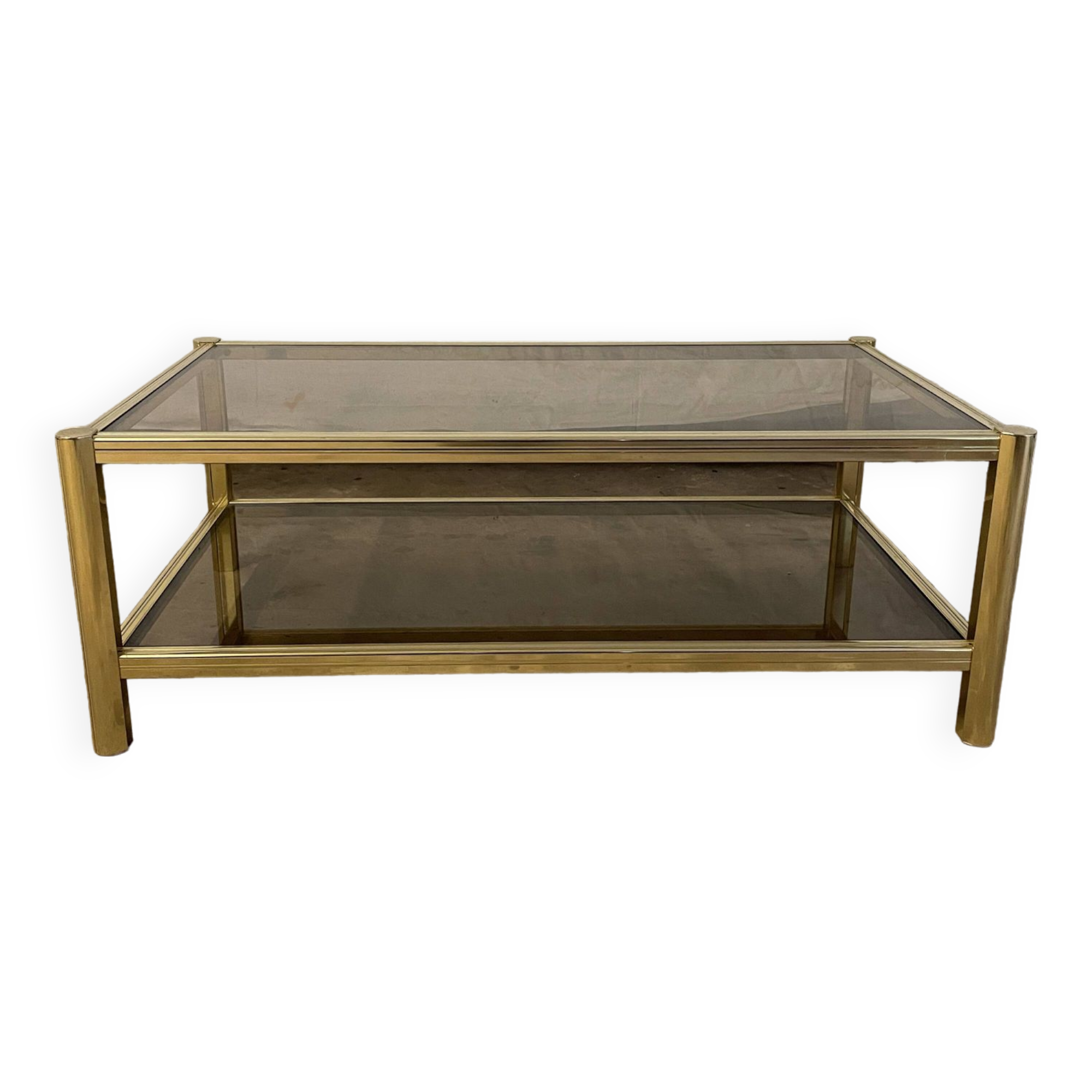 Vintage rectangular coffee table, gold metal, 2 trays: smoked glass 1980