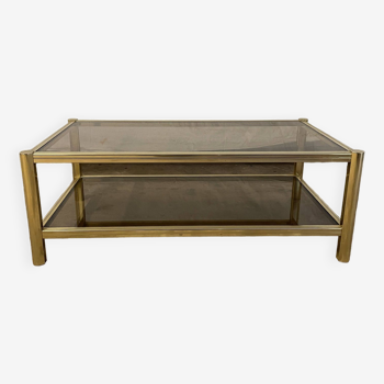 Table basse vintage rectangulaire, métal doré, 2 plateaux: verres fumés1980