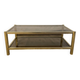 Vintage rectangular coffee table, gold metal, 2 trays: smoked glass 1980