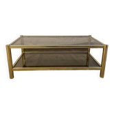 Vintage rectangular coffee table, gold metal, 2 trays: smoked glass 1980