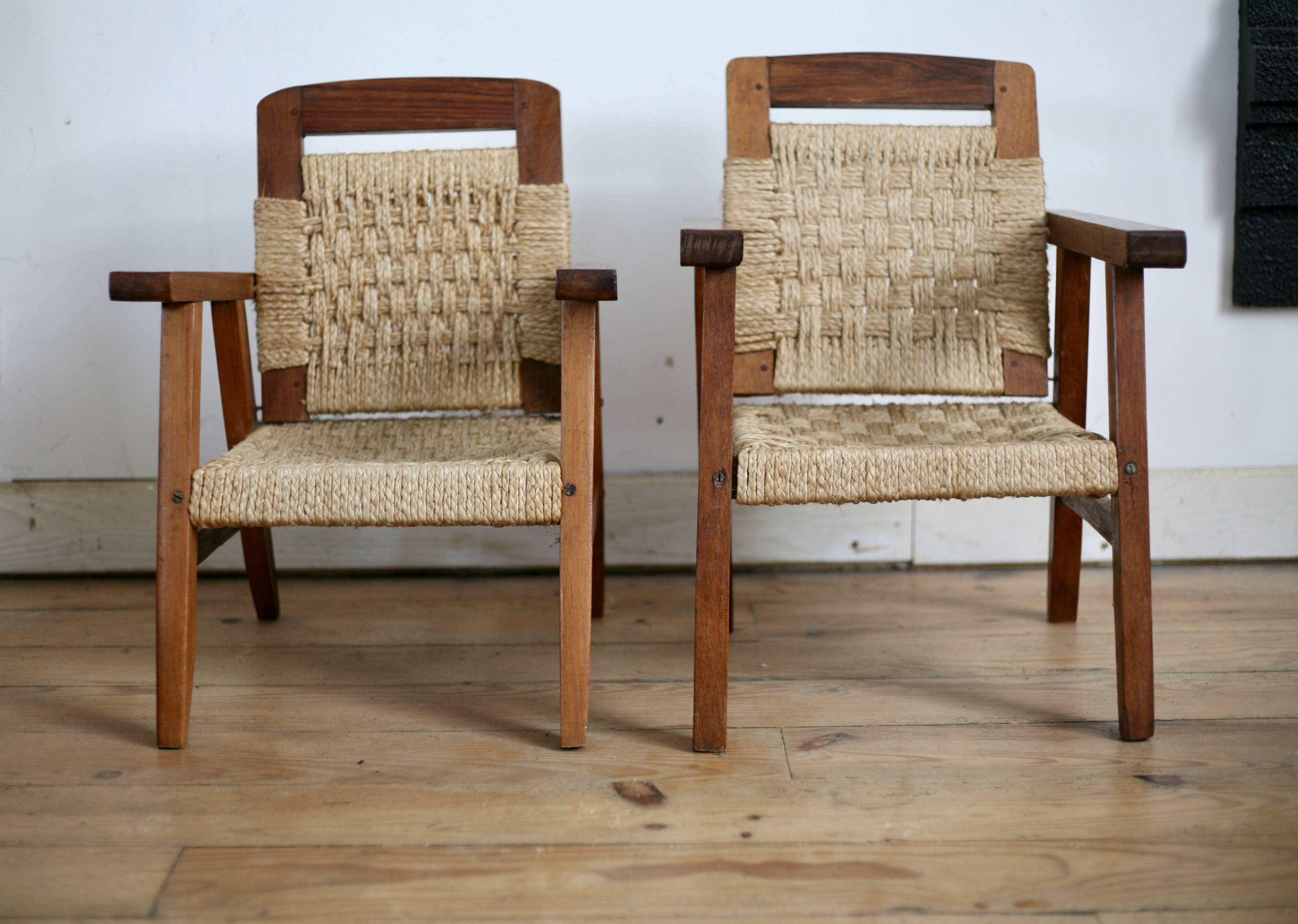 Pair of children's armchairs in rope, attributed to Audoux Minet.