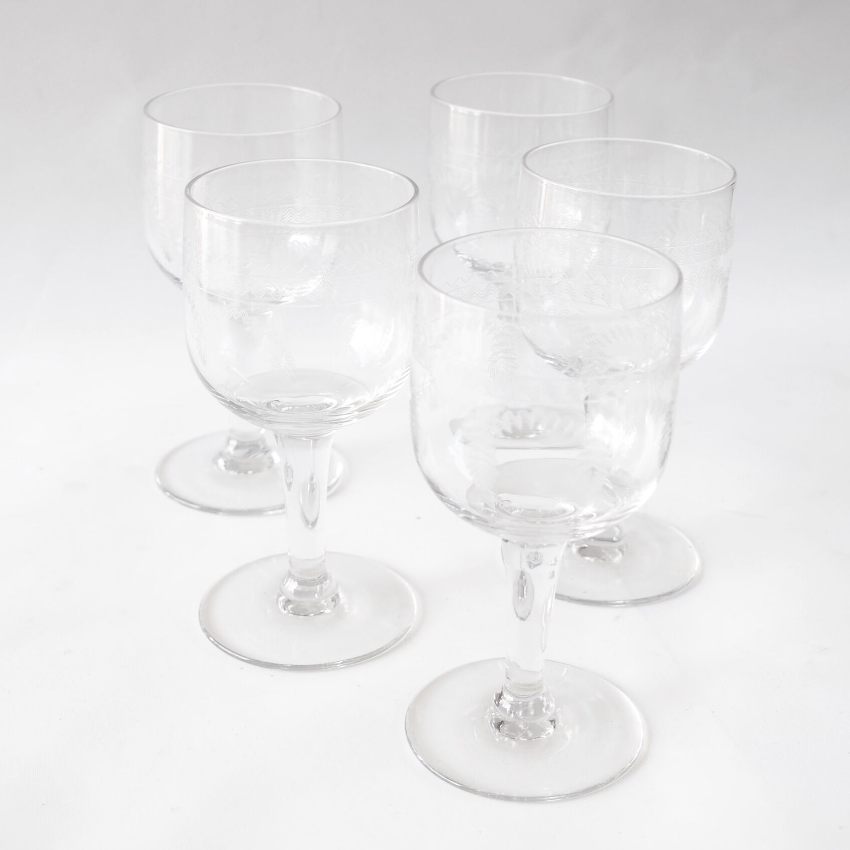 5 antique engraved wine glasses