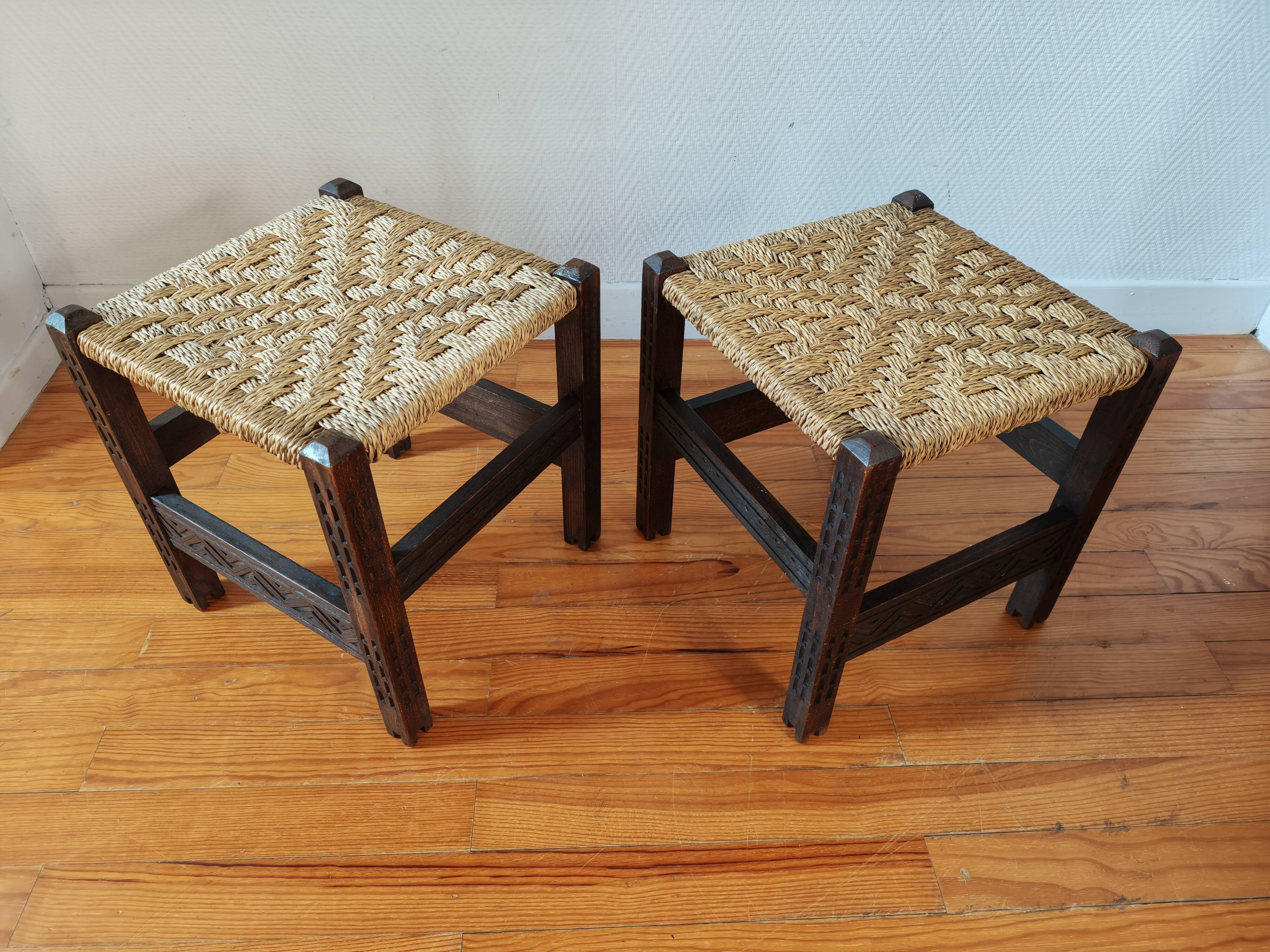 Pair of handcrafted stools from Friuli in carved wood, Italy, circa 1960.
