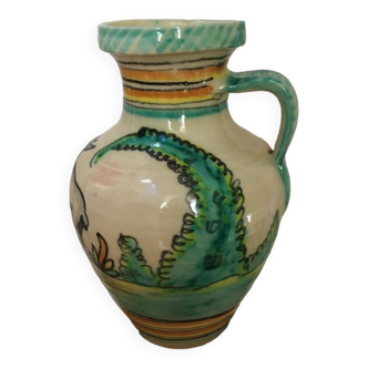 Ceramic pitcher signed Del Mazo representing doe and deer in the vegetation